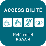Badge RGAA 4 avec pictogrammes d'accessibilité numérique sur fond bleu