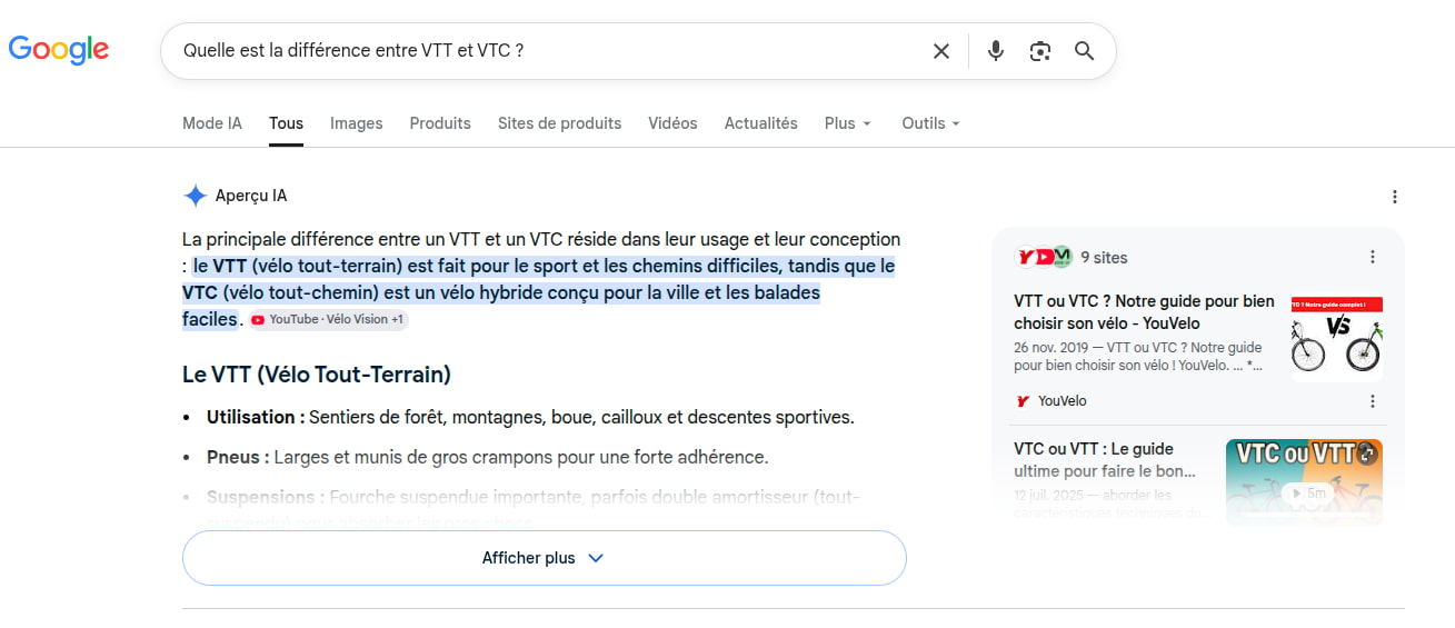 Capture d'écran de l'Aperçu IA de Google répondant à la question sur la différence entre VTT et VTC, avec résultats de recherche associés.