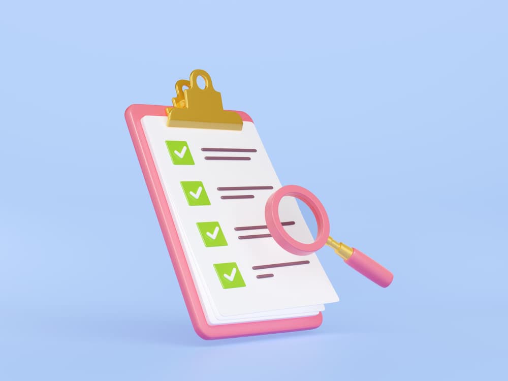 Presse-papier 3D avec liste de contrôle validée et loupe, symbole de diagnostic SEO